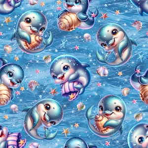 Könnte beinhalten: Ein nahtloses Muster mit niedlichen Cartoon-Delfinen, die Muscheln auf einem blauen Hintergrund mit glitzerndem Glitzer halten. Die Delfine sind in verschiedenen Posen und haben große Augen und Lächeln. Die Muscheln sind in verschiedenen Formen und Größen. Der Hintergrund ist hellblau mit einem schimmernden Effekt.