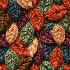 Può includere: Primo piano di un motivo tessile con una varietà di foglie colorate e strutturate. Le foglie sono in tonalità di arancione, verde, bordeaux e beige, con un aspetto dettagliato e tessuto. Lo sfondo è un tessuto neutro e strutturato.