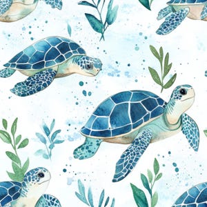 Könnte beinhalten: Nahtloses Muster mit Aquarell-Illustrationen von blauen Meeresschildkröten, die in einem weißen Hintergrund mit grünen Aquarellblättern schwimmen.