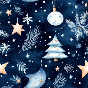 Peut inclure: Motif de Noël à l'aquarelle sur fond bleu foncé. Le motif présente des sapins de Noël, des boules, des flocons de neige, des étoiles et des brins bleu clair. Des points blancs sont dispersés, créant une ambiance hivernale.