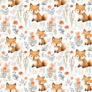 Könnte beinhalten: Ein nahtloses Muster mit niedlichen Comic-Füchsen mit orangefarbenem Fell und weißen Akzenten, umgeben von zarten floralen Elementen in Rosa-, Orange- und Grüntönen. Der Hintergrund ist weiß.
