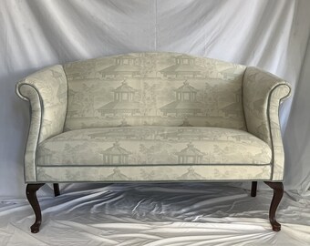 Vintage Chinoiserie Georgian Chippendale Camelback Settee - Newly Reupholstered