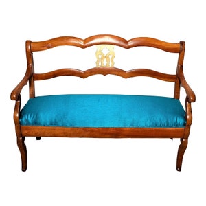 20th Century Chinoiserie Elm & Giltwood Settee Bench - Gilt Ornamentation - Turquoise-Teal Seat