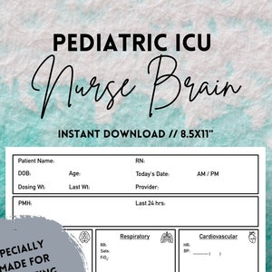 Puede incluir: Hoja de trabajo PDF imprimible para enfermeras de UCI pediátrica. La hoja de trabajo está dividida en secciones para información del paciente, respiratorio, cardiovascular, GI/GU, piel, programa de laboratorio, tareas pendientes y actualizaciones, y líneas. La hoja de trabajo está diseñada para ayudar a las enfermeras a organizar la información compleja de los pacientes.