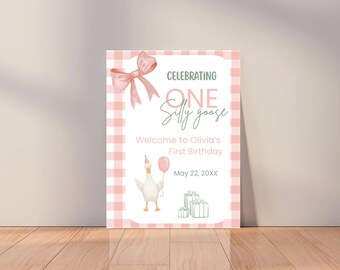 One Silly Goose Birthday Welcome Sign: Pink Gingham Decor (Digital Download)