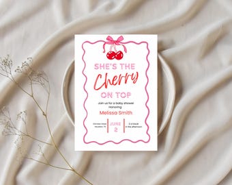 She's the Cherry on Top babyshoweruitnodiging | Bewerkbare sjabloon | Direct downloaden