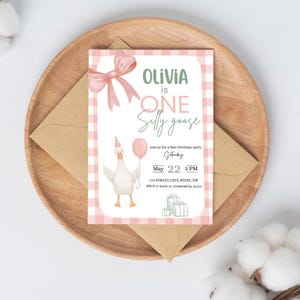One Silly Goose Birthday Invitation, Pink gingham birthday invitation, Girl first birthday, First birthday invitation, Digital file