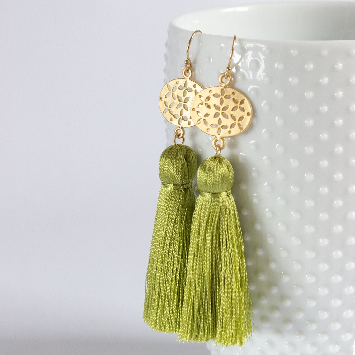 Green Tassel Earrings Tassel Dangle Earrings Boho Bridal Etsy