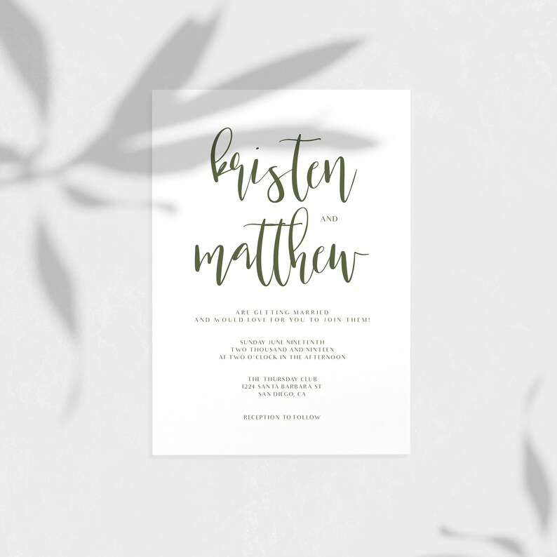 Modern Green Green Handwritten Wedding Invitation Calligraphy Printable Wedding Invitation PDF Instant Download Editable Template