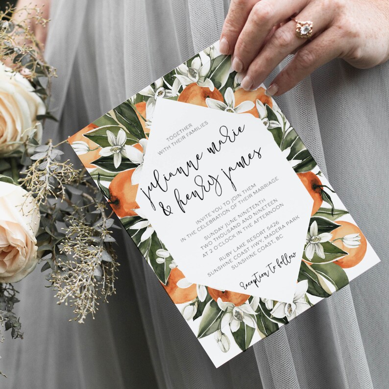 Orange Floral Wedding Invitation Template Watercolor Printable Etsy