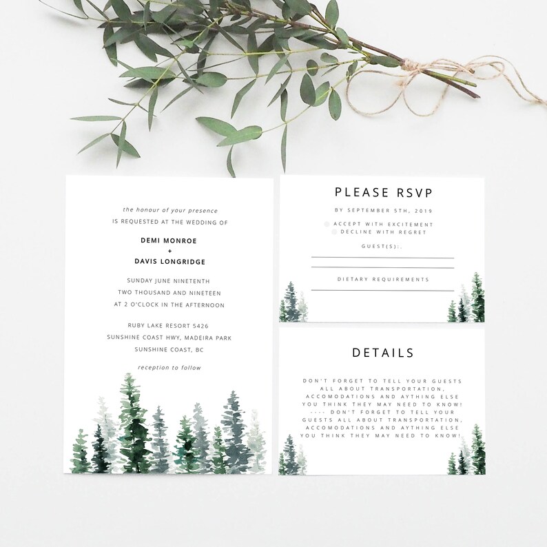 Rustic Tree Wedding Invitation Set Template Winter Woodland Printable Wedding Suite DIY Templett PDF Instant Download Editable C01