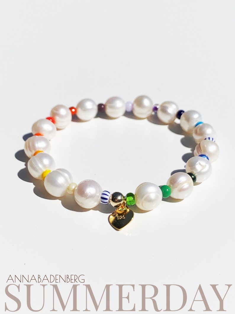 BRACELET made of white cultured pearls and colored glass beads, rocailles, metal parts sterling silver, 14K gold plated, Ibiza style image 4