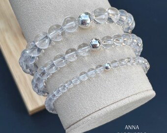 Rock crystal bead bracelet. Choice of 4, 6, or 8 mm stone size with a 925 sterling silver bead spacer. Gemstone jewelry.