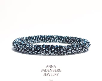 BRACELET made of faceted glass beads in Navy Blue Shine, handmade, bangle bracelet, embroidered