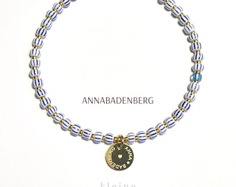 BRACELET Preciosa glass beads (Rocailles) blue white striped, spacer 925 sterling silver 24Kt gold-plated logo pendant knot look luck
