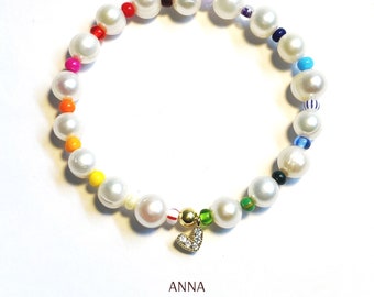 PULSERA de perlas blancas cultivadas y cuentas de vidrio de colores, rocailles, partes metálicas de plata de ley, con baño de oro de 14K, estilo Ibiza