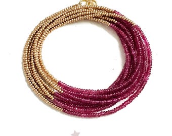 BRACELET Ruby Rondelle Pink Red and Preciosa glass beads matte gold, spacer 24Kt gold-plated wrap bracelet in 8 rows gemstone jewelry