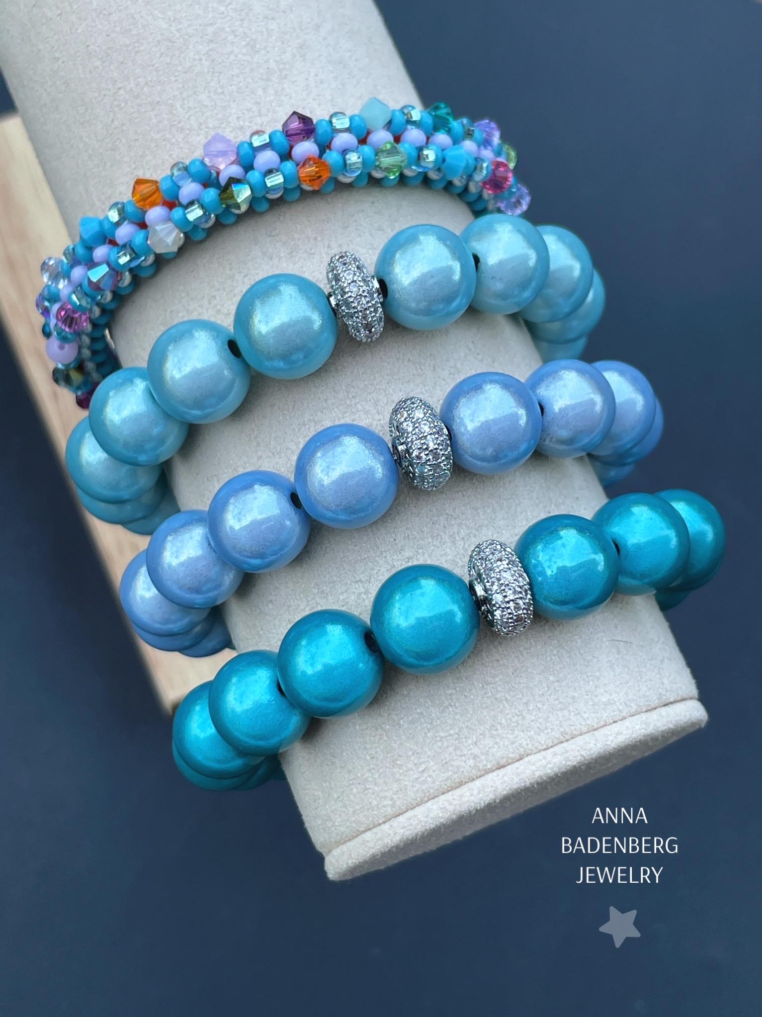 ブレスレット（12 mm）3つのきらめくブルーのミラクルビーズ、パヴェ