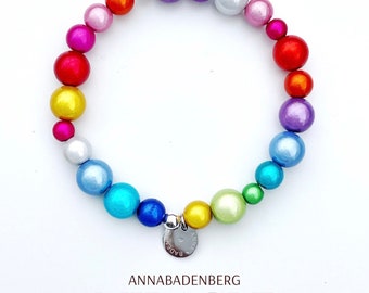 BRACELET made of shimmering Miracle pearls (6 to 10 mm) in bright rainbow colors, spacer sterling silver