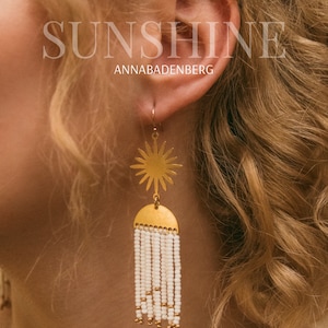 EARRINGS Statement made of Miyuki glass beads in white and golden star elements ear hooks 24Kt gold plated