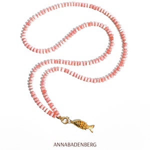 CHAIN made of pink opal rondelles in top quality, spring ring clasp and beautiful, movable fish pendant 24Kt gold plated
