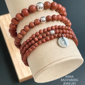 BRACELET Choice of 3 bead thicknesses Goldstone, Goldstone 8, 6 and 4 mm as a wrap bracelet rust red and a spacer made of sterling silver