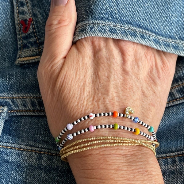 BRACELET made of Miyuki glass beads in black and white and colorful rocailles, spacer and charm 925 sterling silver 24K gold plated wrap bracelet