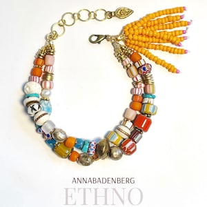 BRACELET made of Java pearls in cheerful orange tones and pink filigree brass charms Orient carabiner 925 sterling silver, gold plated