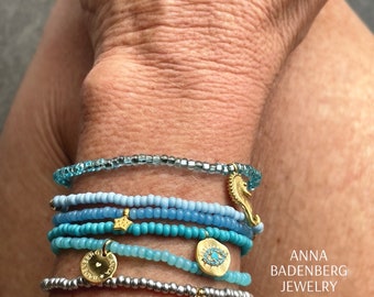 BRACELET set of 6 pieces made of Preciosa glass beads in blue and silver tones, charms stars, Hamsa, Nazar, sterling silver, 24Kt gold plated