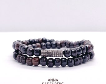 BRACELET made of bone beads in brown and a spacer roller diamond pavé made of 925 sterling silver oxidized, black, logo charm