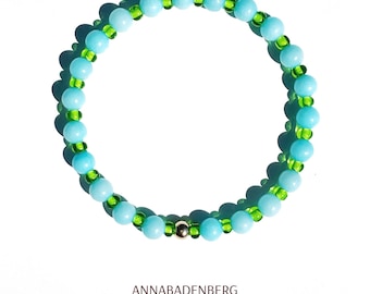 BRACELET made of light blue jade beads and green rocailles, spacer sterling silver, 24K gold plated Ibiza style