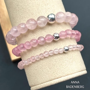 BRACELET Rose quartz beads 4, 6 or 8 mm with a spacer made of 925 sterling silver, choice of 3 bead sizes