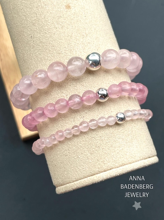BRACELET Rose Quartz Beads 4, 6 or 8 Mm With a Spacer Made of 925