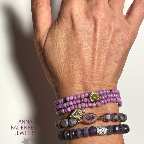 BRACELETS made of Czech glass beads and rocailles in violet, pavé spacer zirconia 28K gold plated, selection