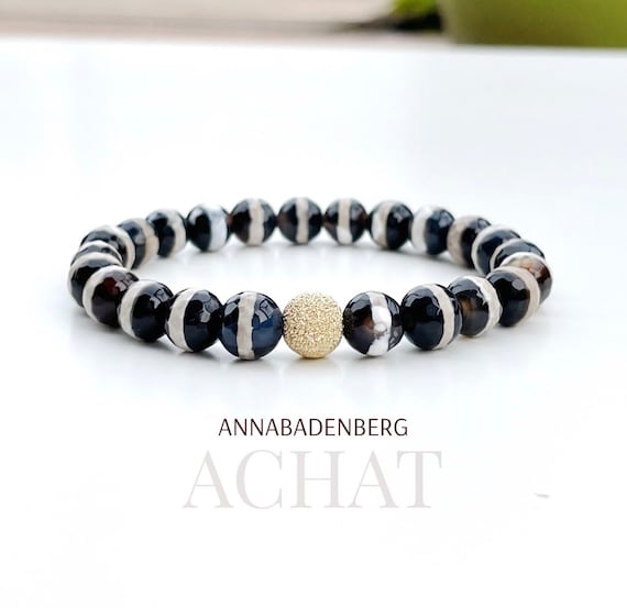 ARMBAND aus facettierten Tibet Achat Kugeln (8 mm) und einem Spacer aus 925er Sterling Silber, 18Kt vergoldet und diamantiert