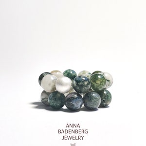 RING made of beautiful moss agate, gemstone ring with a polished silver ball as spacer 925