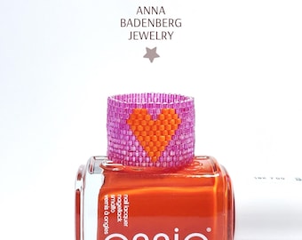 RING made of Japanese Miyuki glass beads in fuchsia AB and Miyuki glass beads in lobster orange, heart motif, pearl ring, peyote