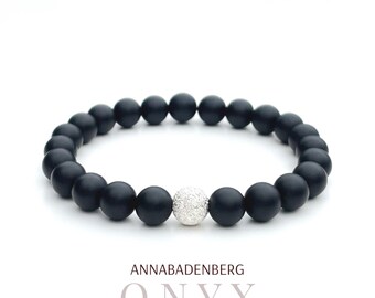 BRACELET made of onyx beads, matt polished and a spacer made of 925 sterling silver, sparkling diamond-cut