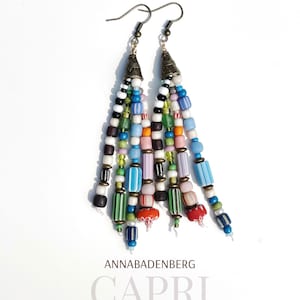 EARRINGS made of colorful glass beads from Java and chevron beads from the USA in the shape of a tassel. All metal parts made of nickel-free brass