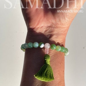 BRACELET green banded agate ball (8 mm), a guru bead made of rose quartz, a tassel made of cotton and a spacer made of 925 sterling silver