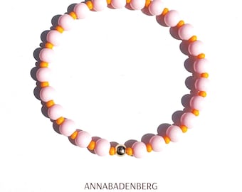 ARMBAND aus rosa Glasperlen und Rocailles in Orange, Spacer Sterling Silber, 24Kt vergoldet