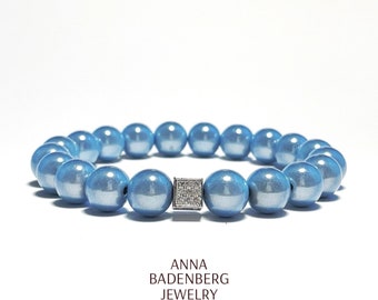 ARMBAND (10 mm) aus schimmernden Miracle Perlen in der Farbe Hellblau, Spacer Sterling Silber