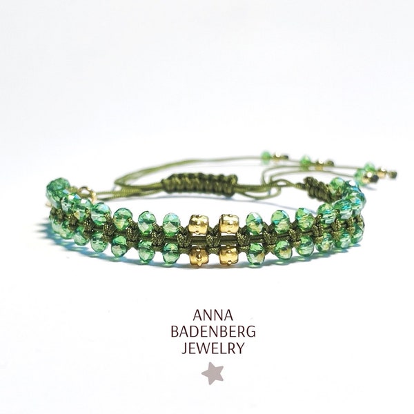 BRACELET made of faceted glass beads, rondelle in Emerald AB, spacer gold-plated, nylon thread olive, macrame knots, Shamballa, green