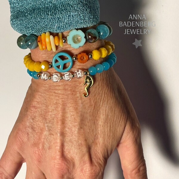 BRACELETS made of Czech glass beads, coral, magnesite, agate, flowers, peace, blue, yellow, seahorse charm, spacer 28K gold plated