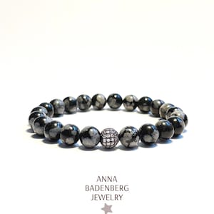 BRACELET made of snowflake obsidian beads (8 mm) and a 925 sterling silver pavé ball, gunmetal with zirconia