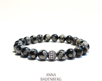 BRACELET made of snowflake obsidian balls (8 mm) and a 925 sterling silver pavé ball, gunmetal with zirconia