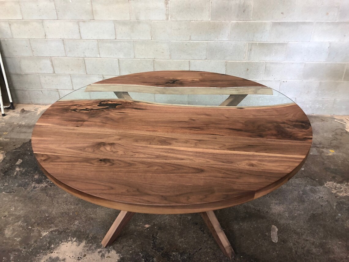 Round Black Walnut Dining Table With Glass Etsy
