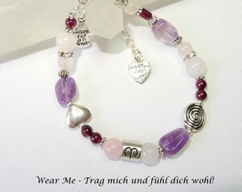 Sternzeichen-Armband Widder aus Amethyst, Rosenquarz und Granat, Handarbeit, Unikat