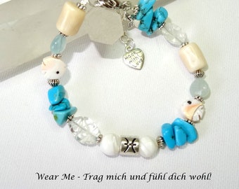 Sternzeichen-Armband Fische aus Aquamarin, Perlmutt und Türkis, Handarbeit, Unikat, Astrologie