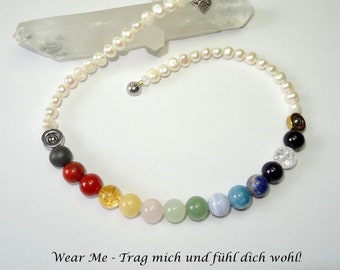 Chakra Balance Kette mit 15 Edelsteinen und Zuchtperlen, Regenbogen, Energiekette, Handarbeit, Unikat